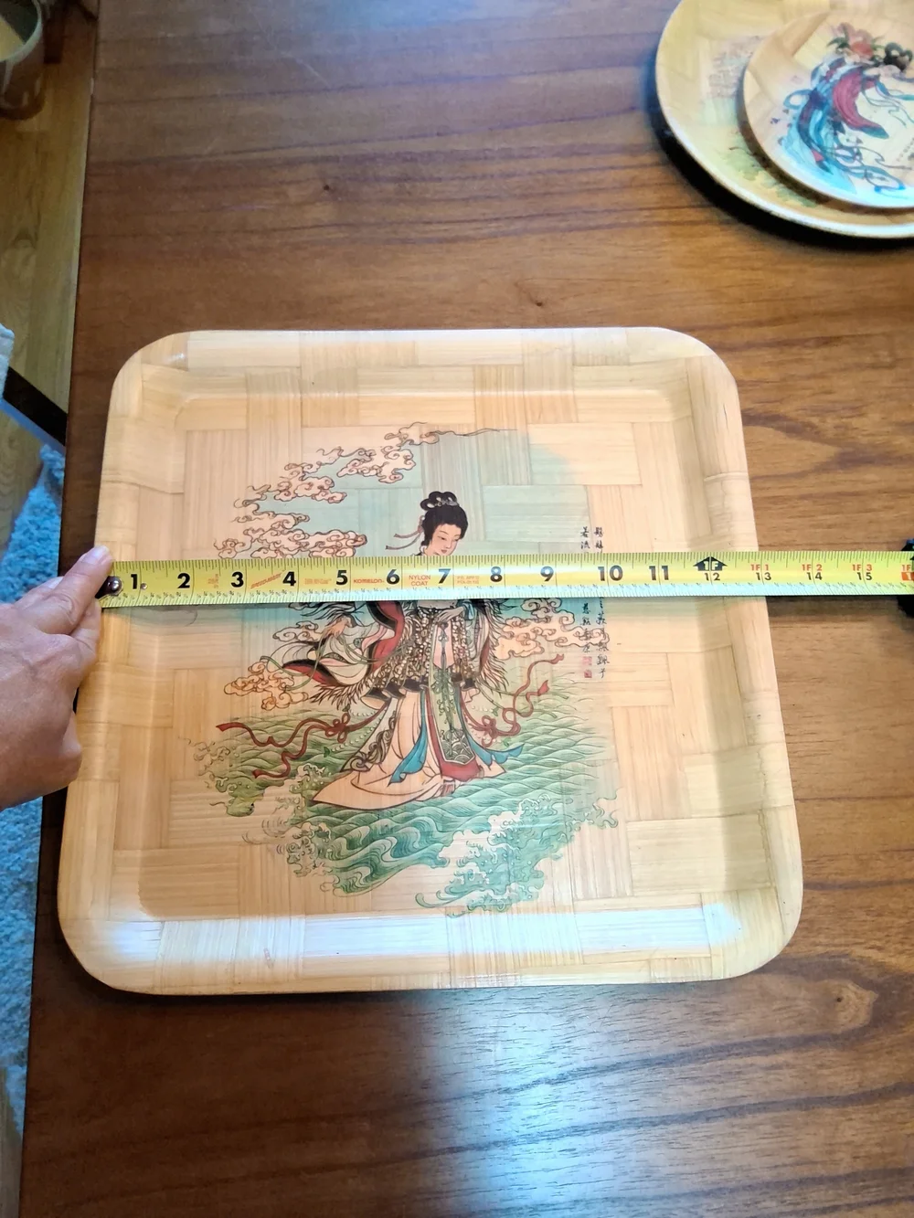 1960's Painted Bamboo Plates, Set of 3. 1 Large Square + 2 Round. Wall Decor